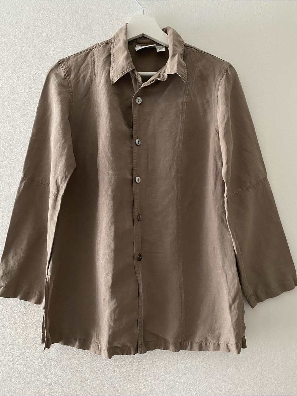 Chico's Design Women's Size 0 Brown Silk Linen Button Front Shirt 3/4 Sleeve